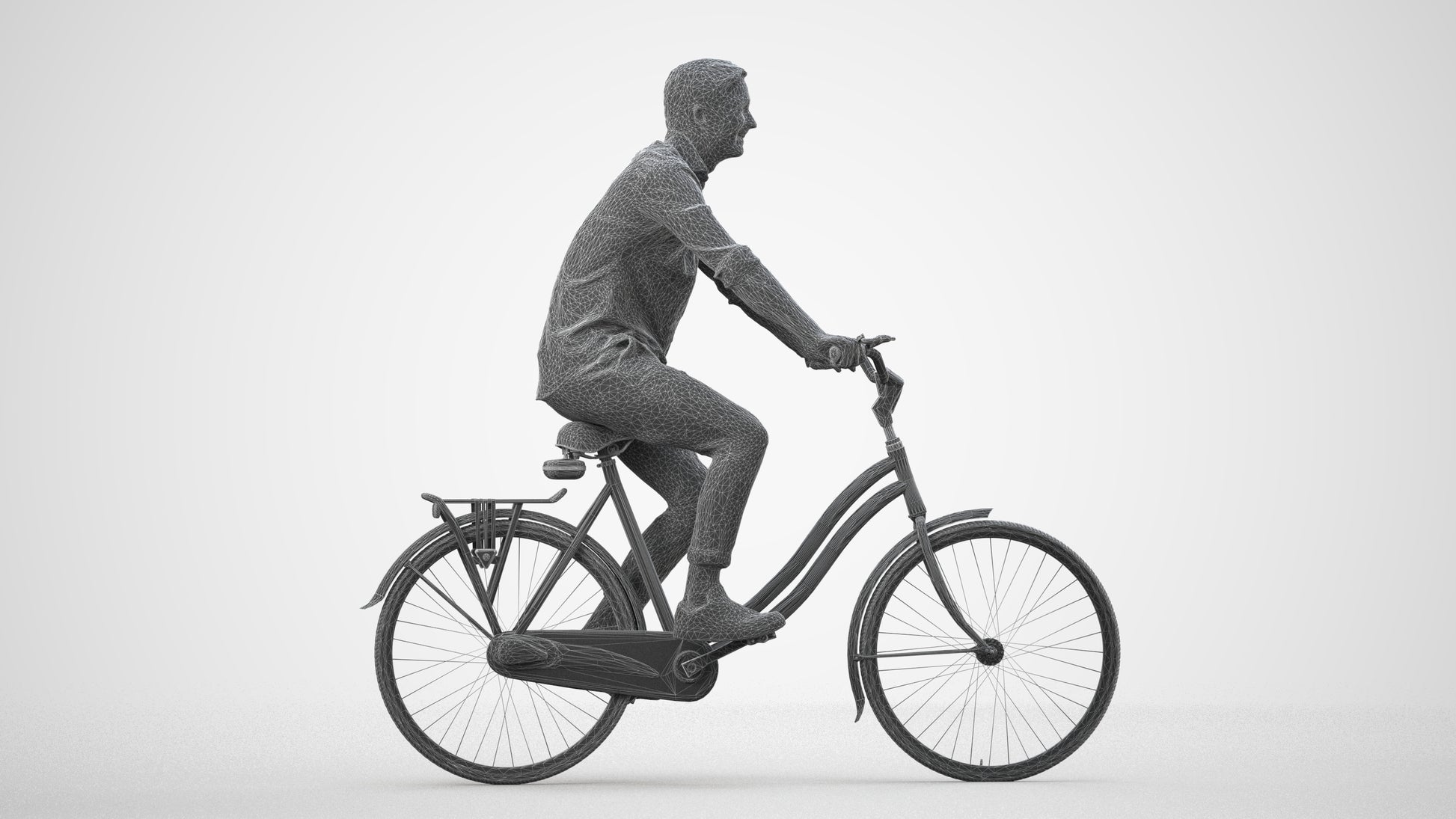 realistic 3D man casual cycling, scanned archviz people for Blender and 3ds Max, wireframe side view