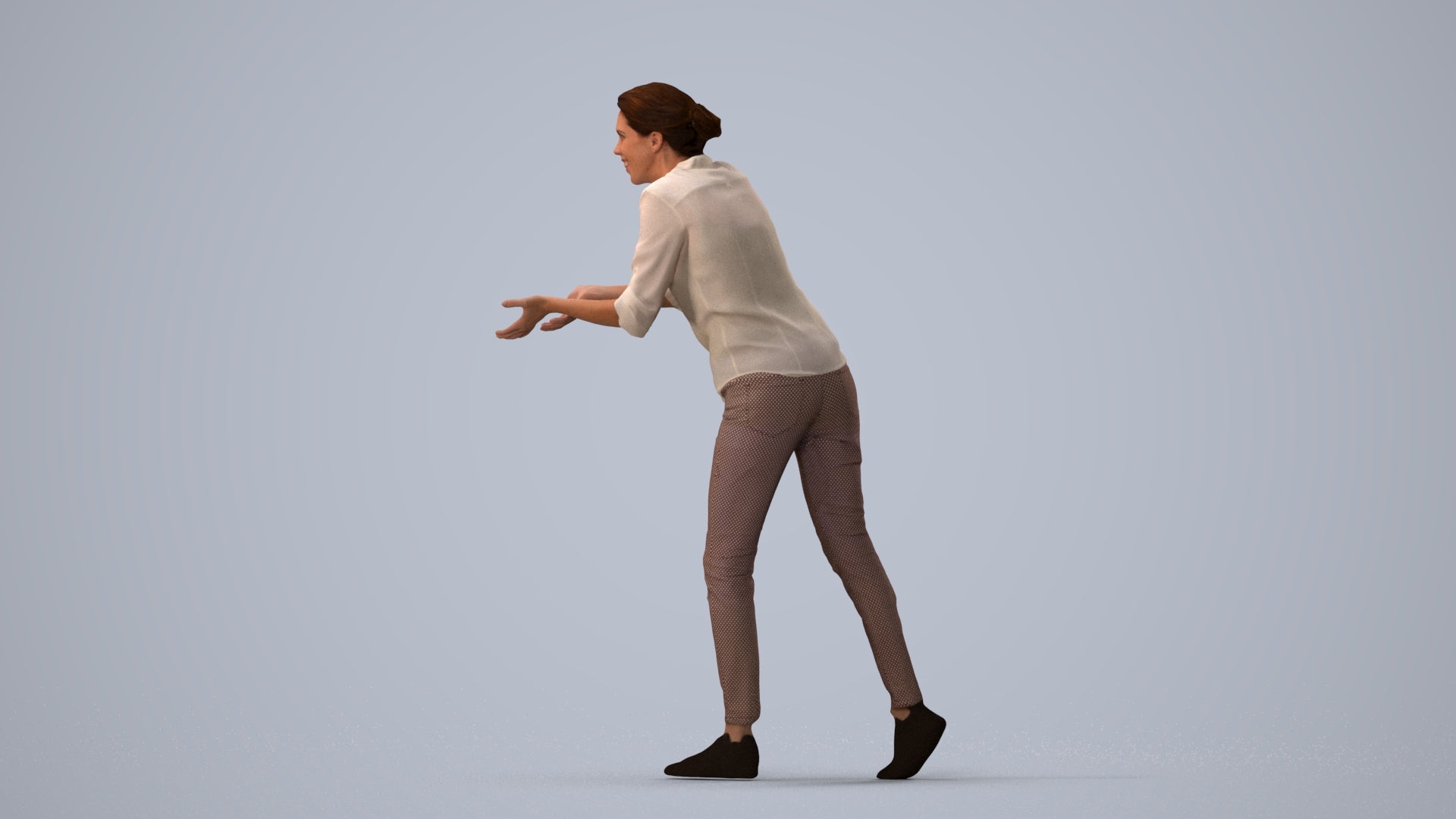 3D human model woman casual standing, photogrammetry scanned person for archviz, three-quarter view render