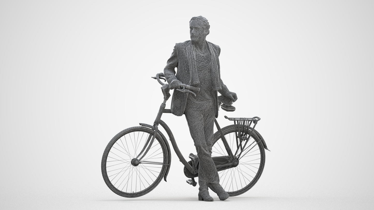 3D human model man business cycling, photogrammetry scanned person for archviz, three-quarter front view render