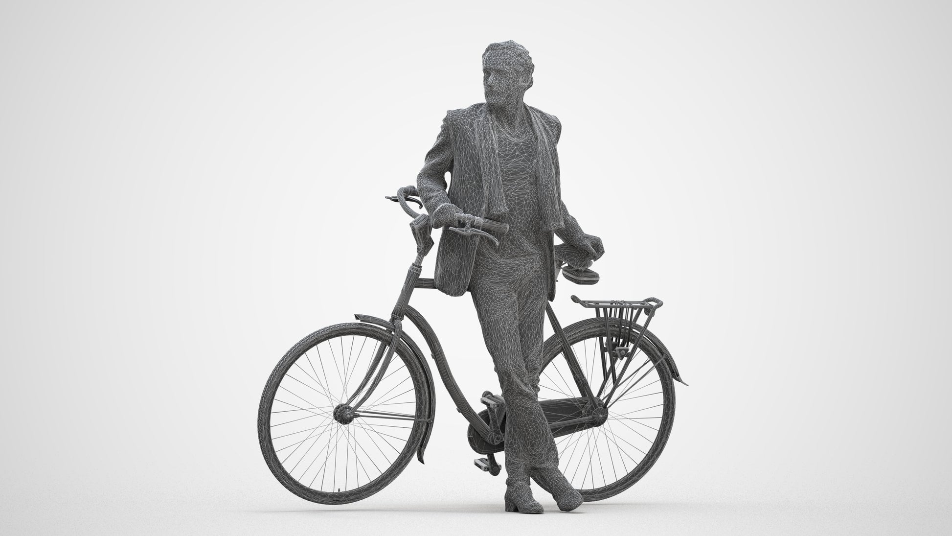 3D human model man business cycling, photogrammetry scanned person for archviz, three-quarter front view render