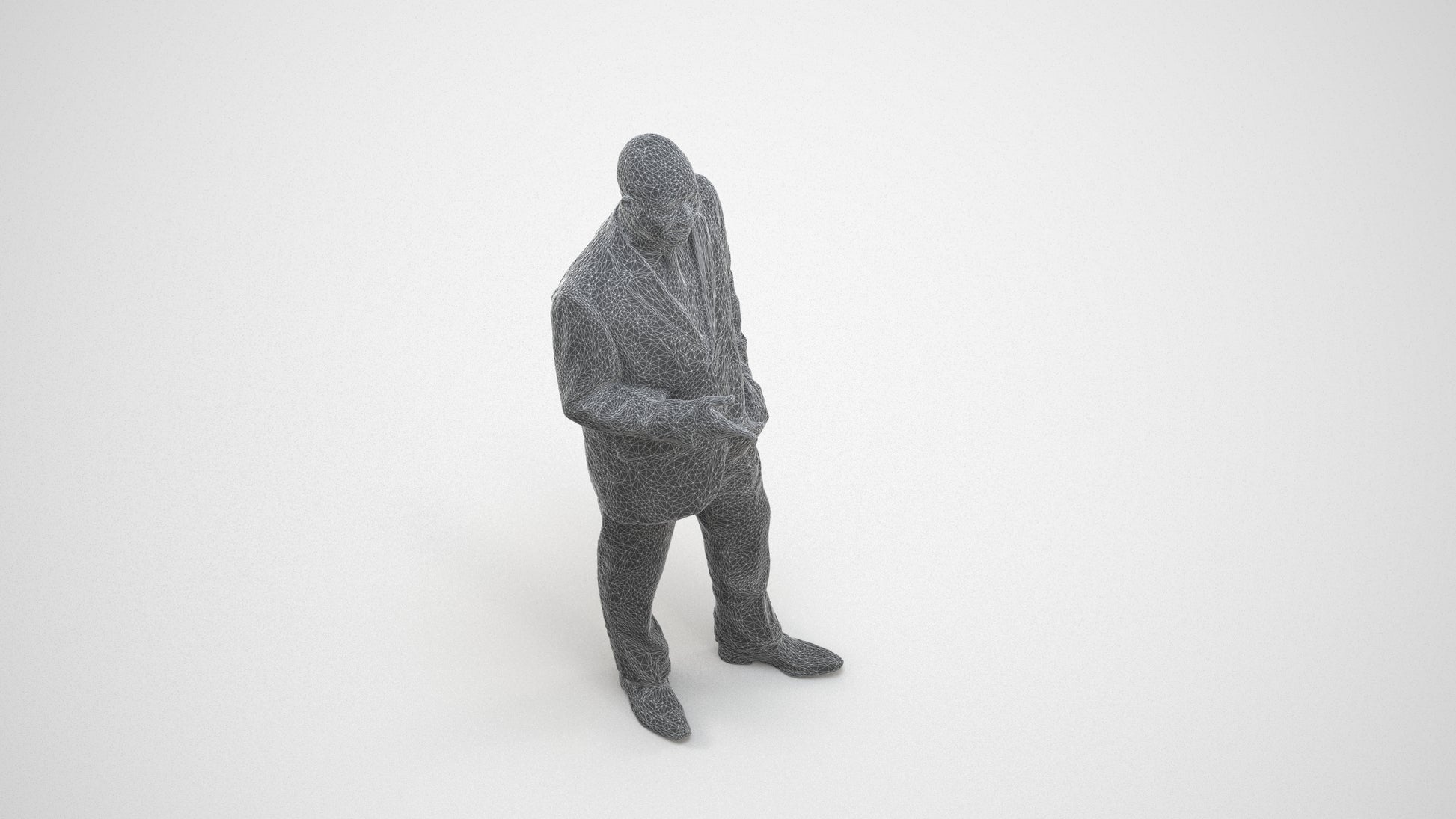 realistic 3D human man business, archviz people FBX OBJ for Blender, wireframe three-quarter view