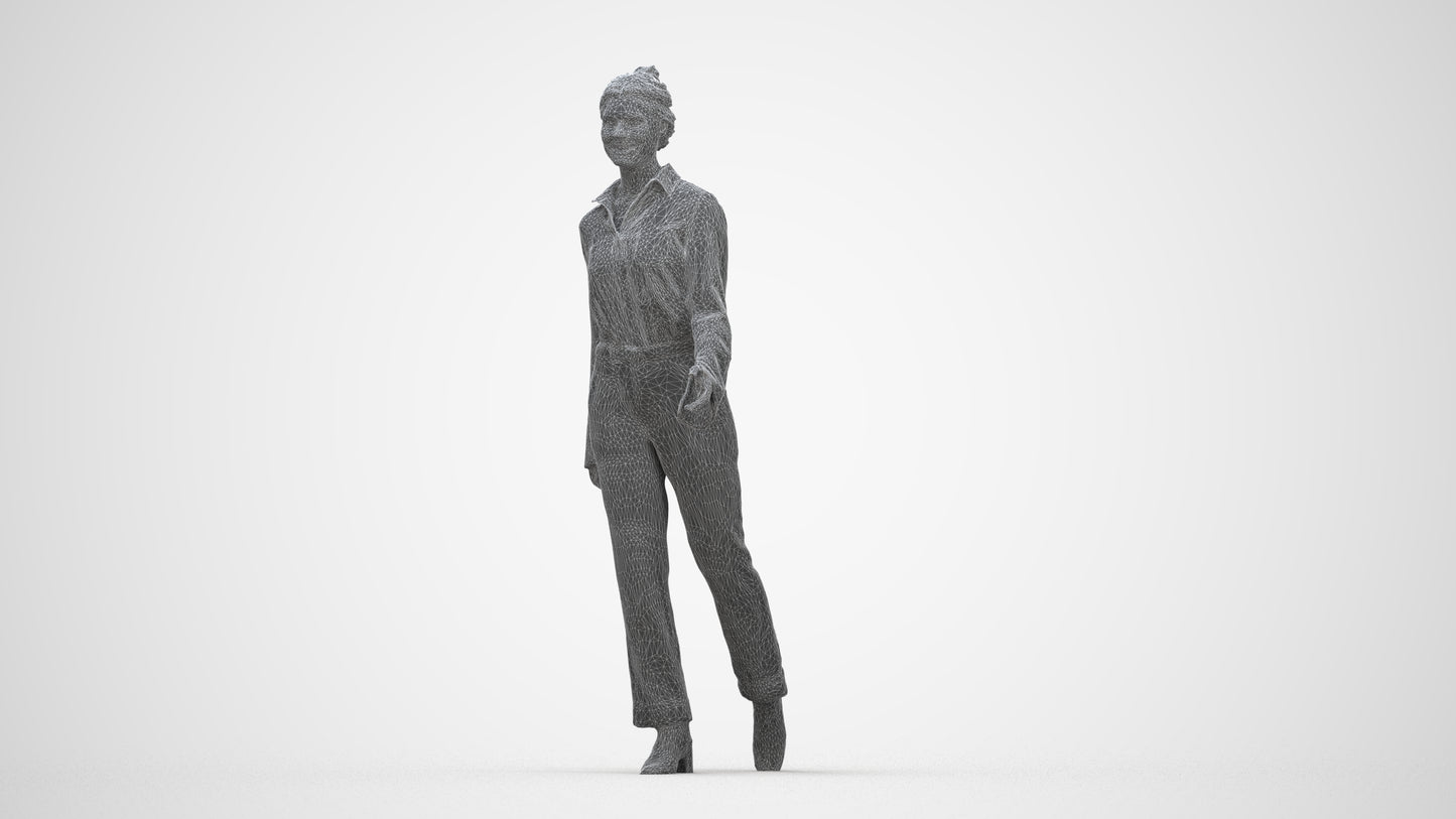 3D human model woman business walking, photogrammetry scanned person for archviz, wireframe back view