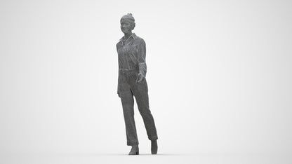 3D human model woman business walking, photogrammetry scanned person for archviz, wireframe back view