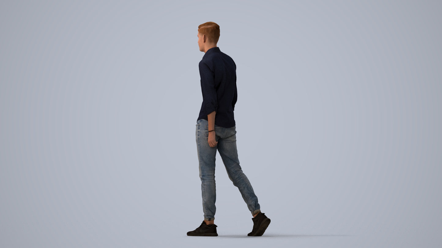 realistic 3D man casual walking, scanned archviz people for Blender and 3ds Max, three-quarter view render