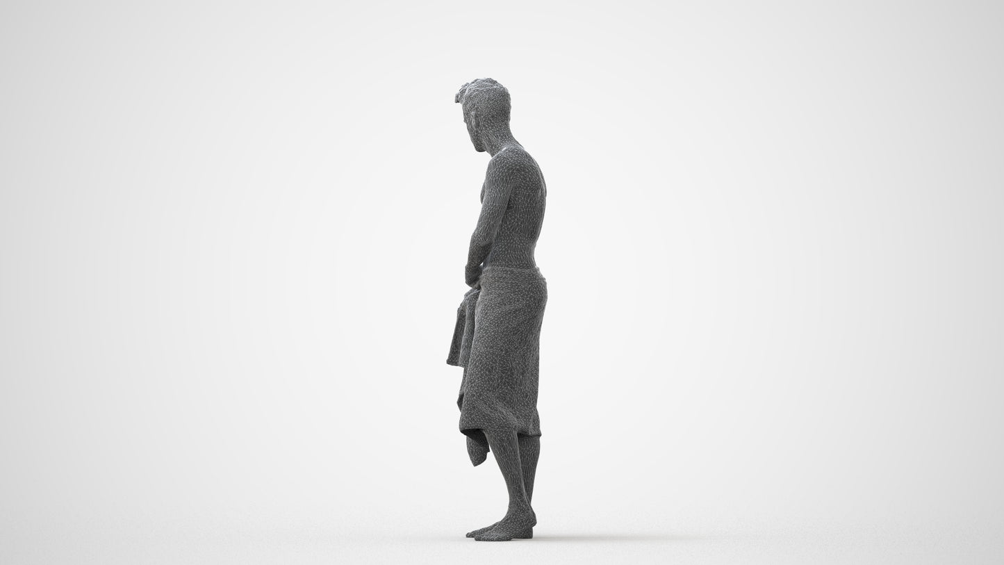 3D human model man casual bathroom, photogrammetry scanned person for archviz, square thumbnail
