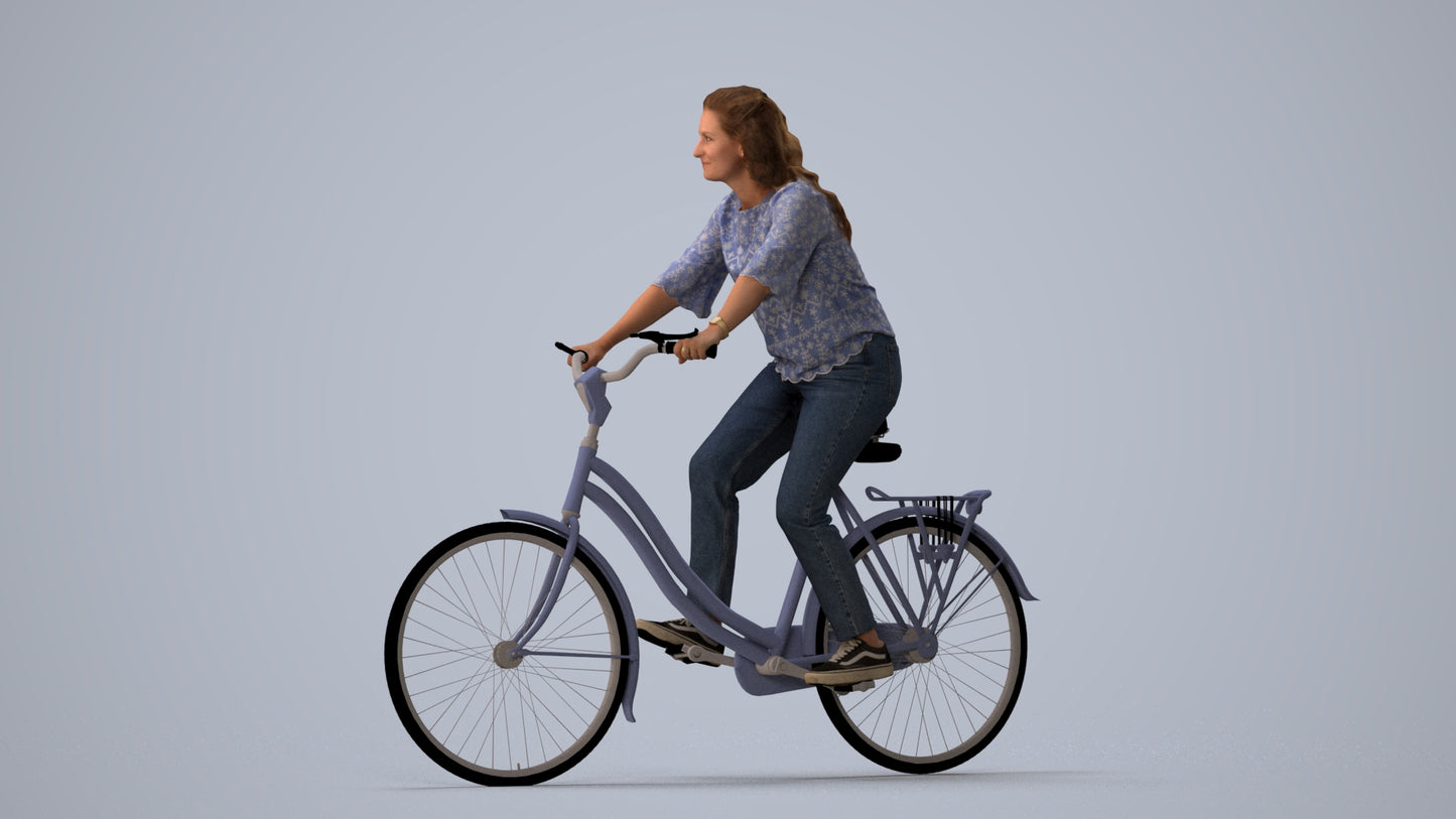 scanned 3D woman casual cycling, photogrammetry people for Enscape and V-Ray, three-quarter view render