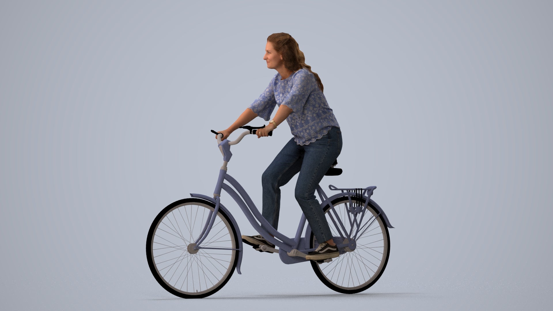 scanned 3D woman casual cycling, photogrammetry people for Enscape and V-Ray, three-quarter view render