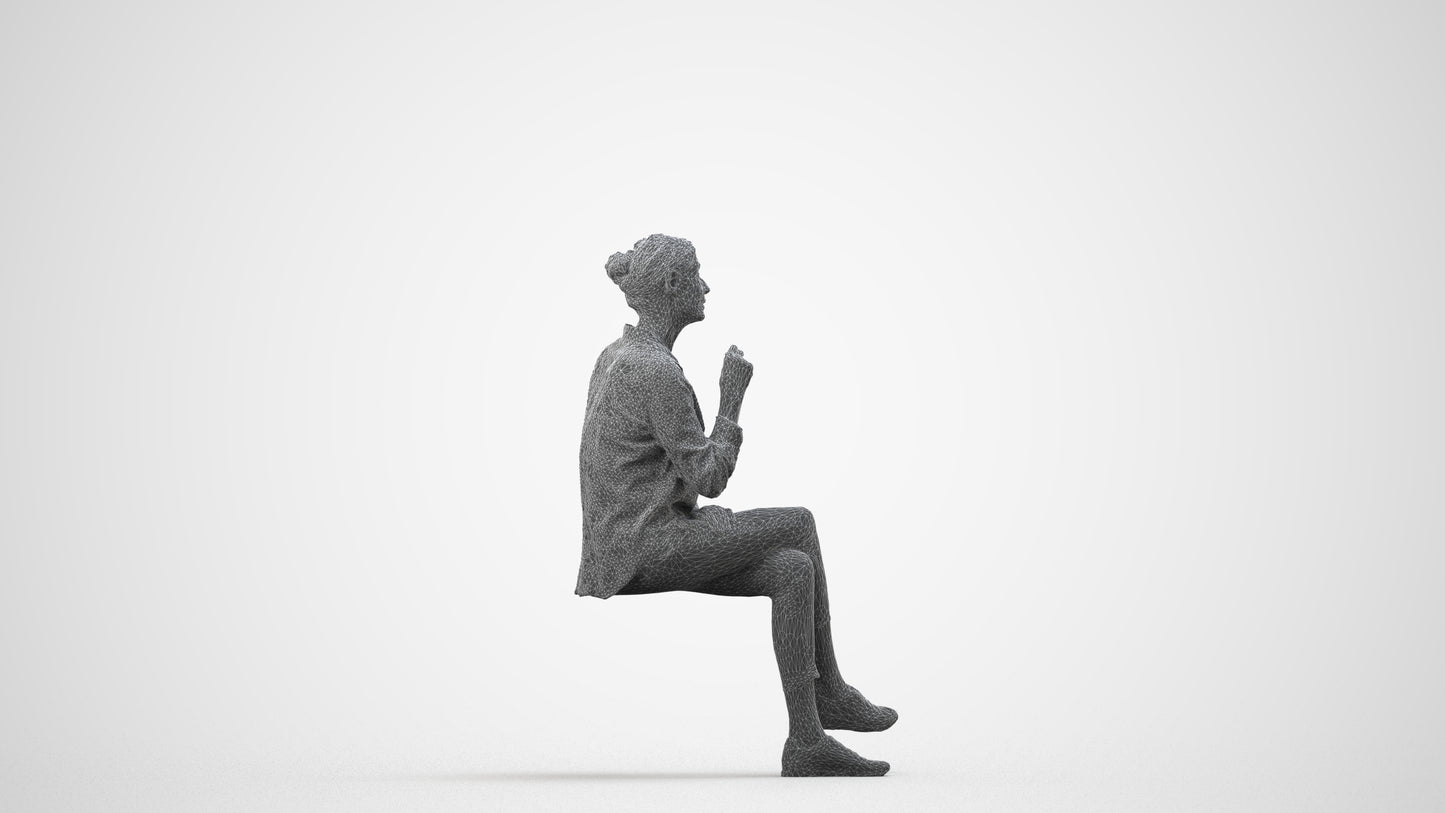 realistic 3D senior woman casual sitting, scanned archviz people for Blender and 3ds Max, wireframe side view