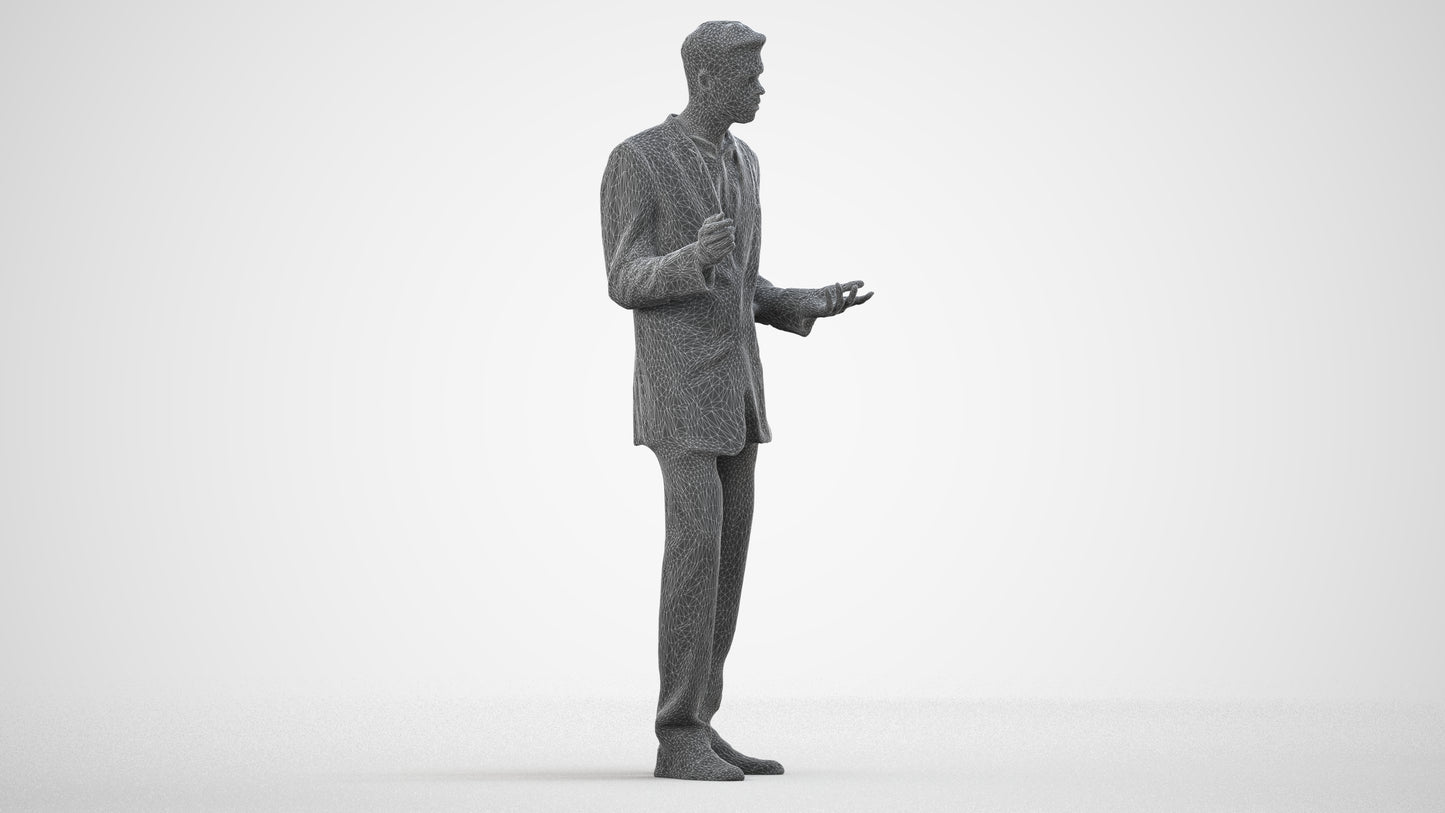 3D human model man business, photogrammetry scanned person for archviz, wireframe side view