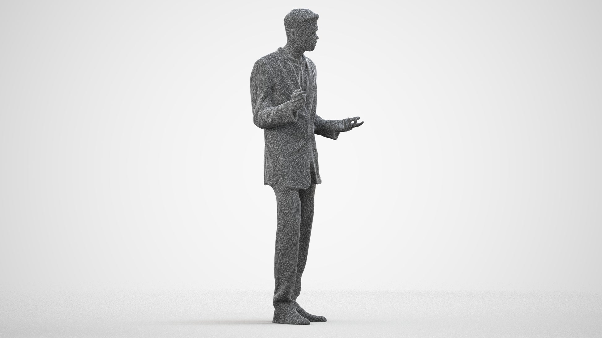 3D human model man business, photogrammetry scanned person for archviz, wireframe side view