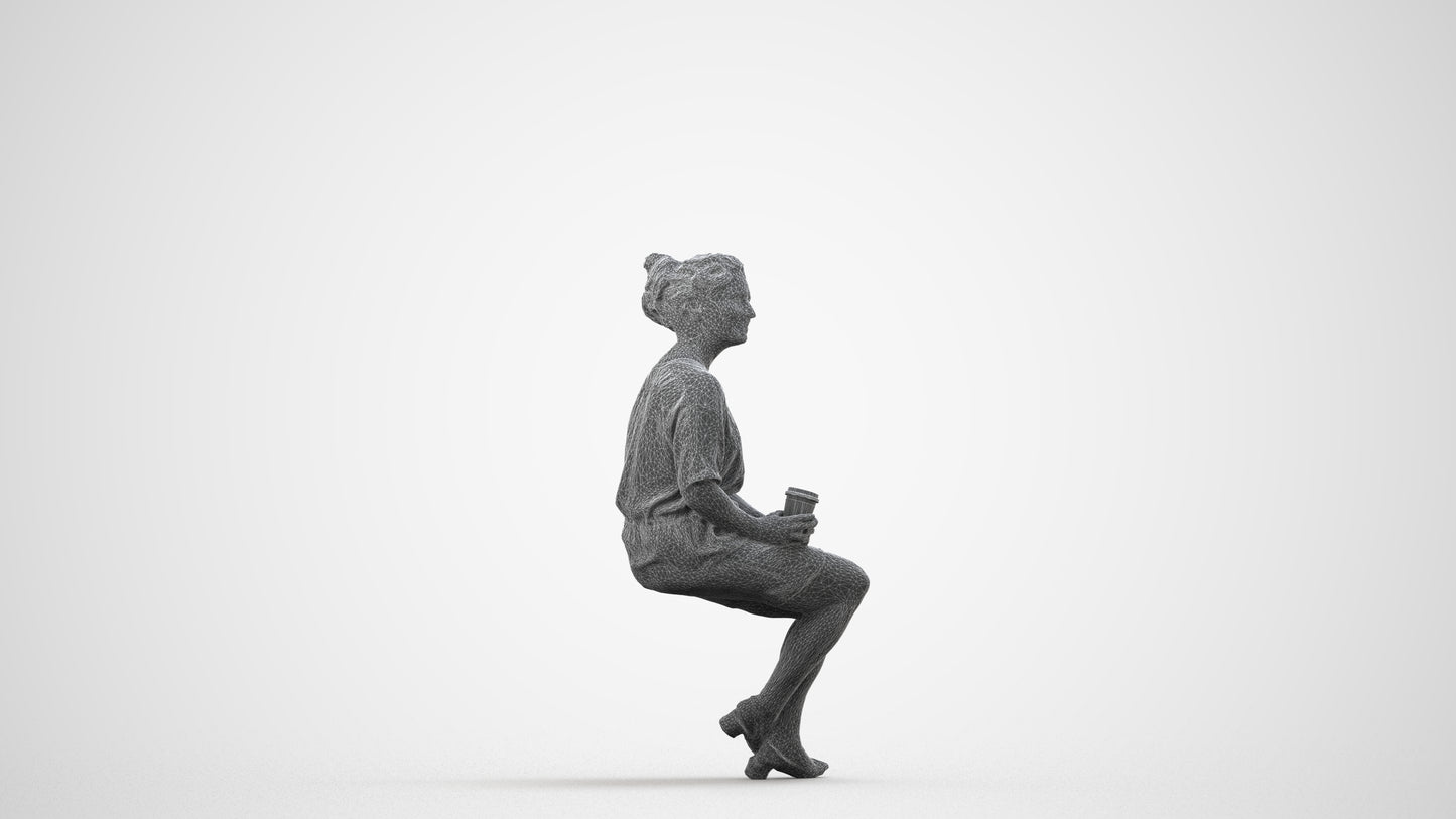 3D human model woman casual sitting, photogrammetry scanned person for archviz, wireframe side view