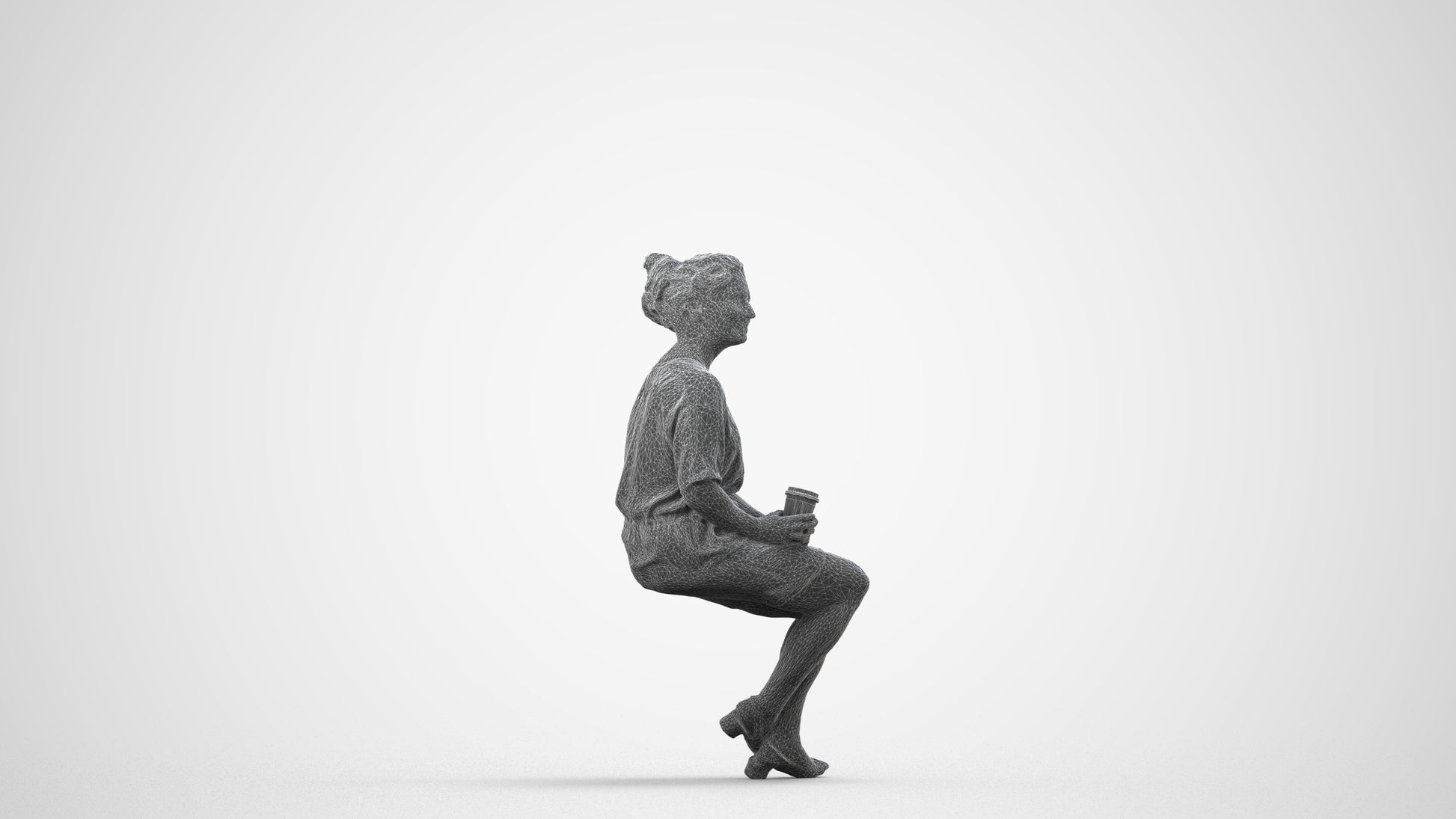 3D human model woman casual sitting, photogrammetry scanned person for archviz, wireframe side view