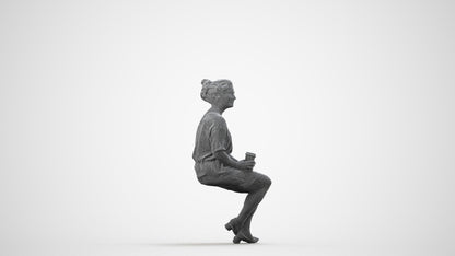 3D human model woman casual sitting, photogrammetry scanned person for archviz, wireframe side view