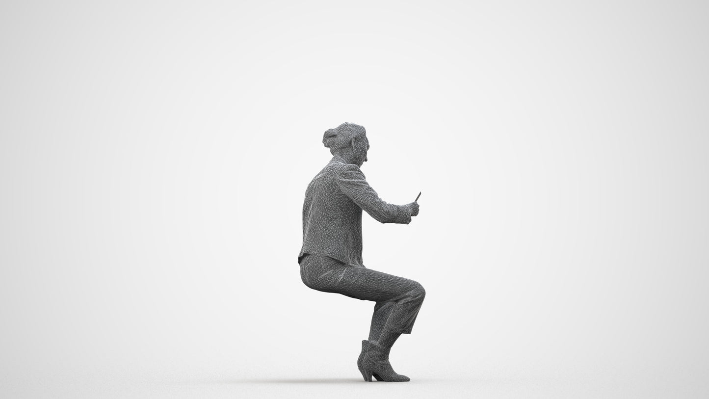 realistic 3D woman business sitting, scanned archviz people for Blender and 3ds Max, wireframe side view