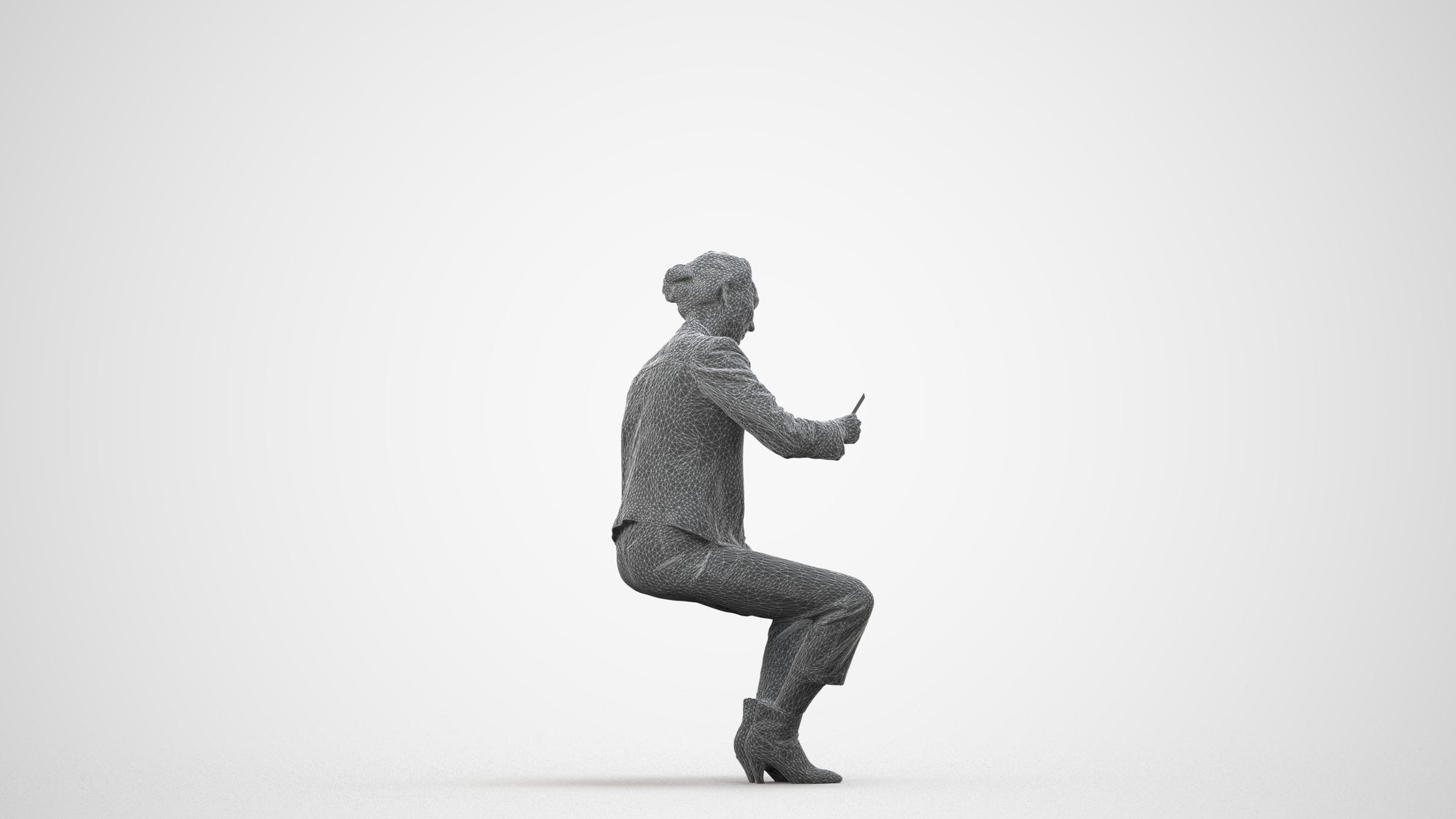 realistic 3D woman business sitting, scanned archviz people for Blender and 3ds Max, wireframe side view