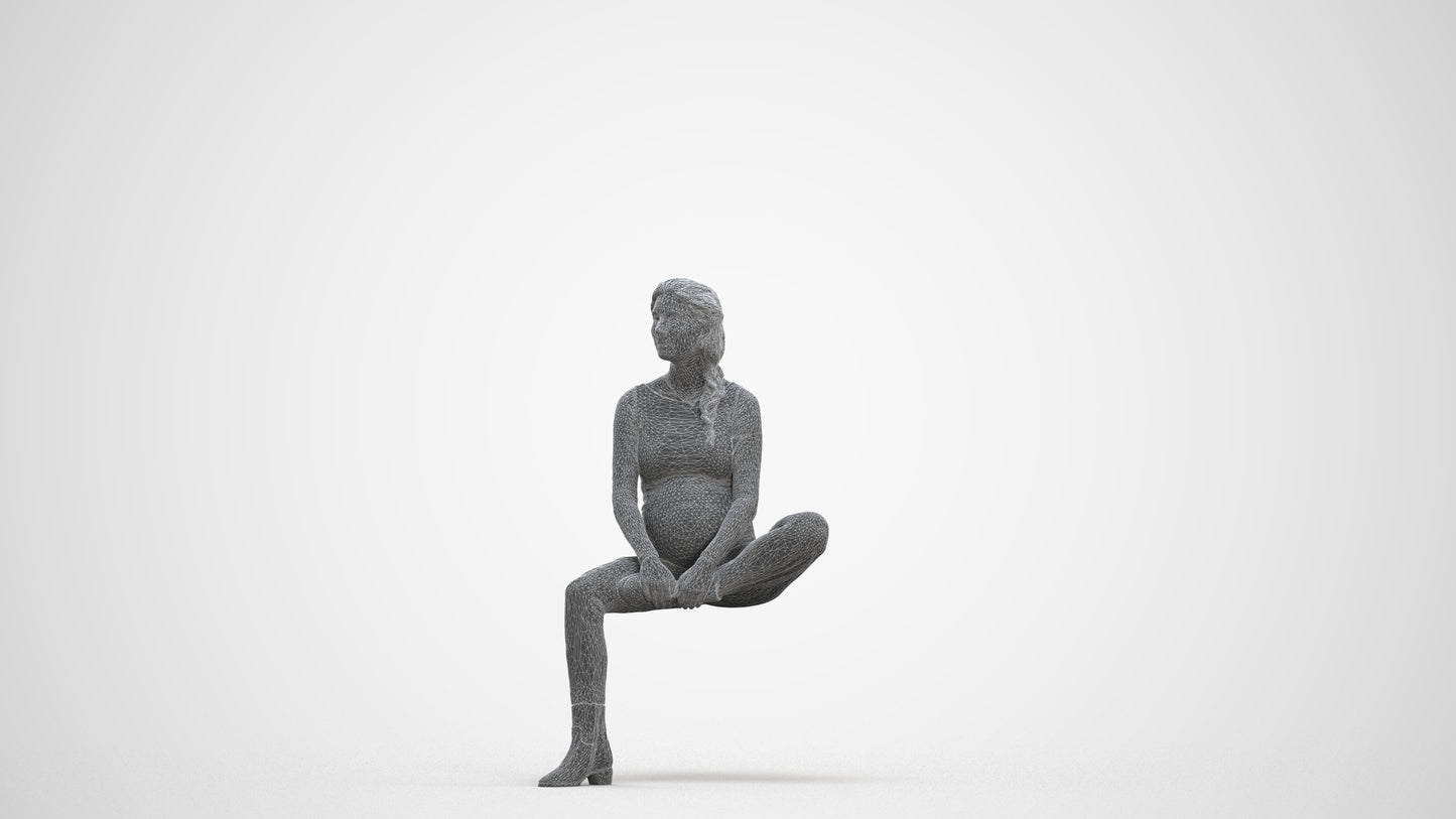 realistic 3D woman casual sitting, scanned archviz people for Blender and 3ds Max, three-quarter front view render