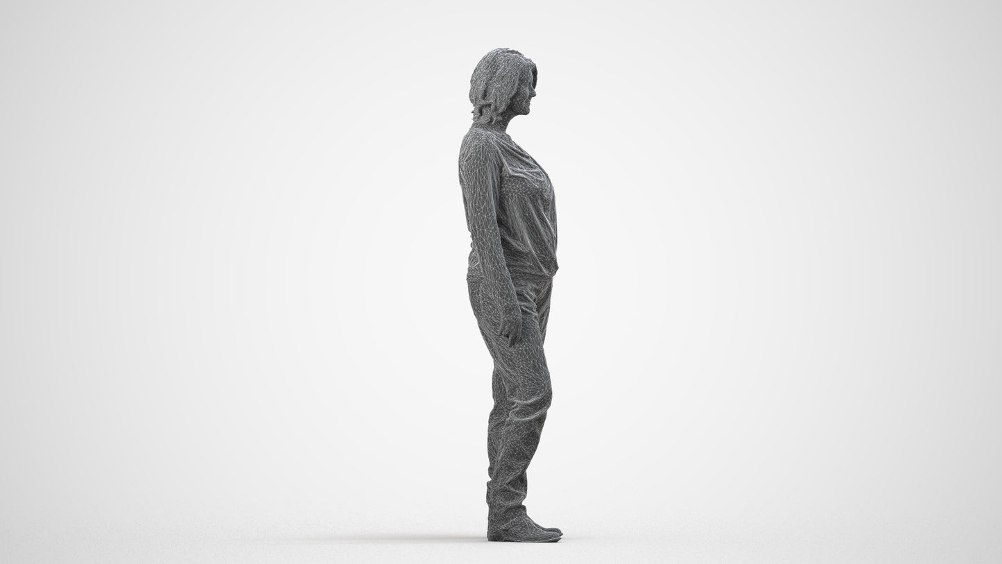 3D people model woman casual standing, scanned human for 3ds Max rendering, wireframe side view