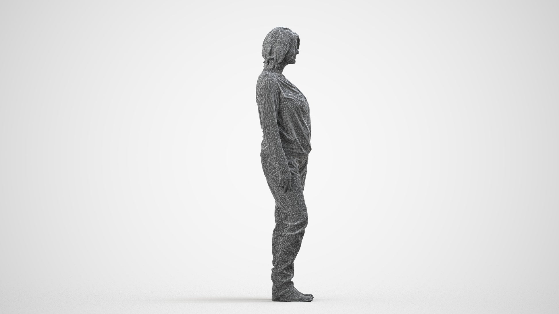 3D people model woman casual standing, scanned human for 3ds Max rendering, wireframe side view