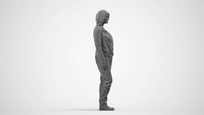 3D people model woman casual standing, scanned human for 3ds Max rendering, wireframe side view