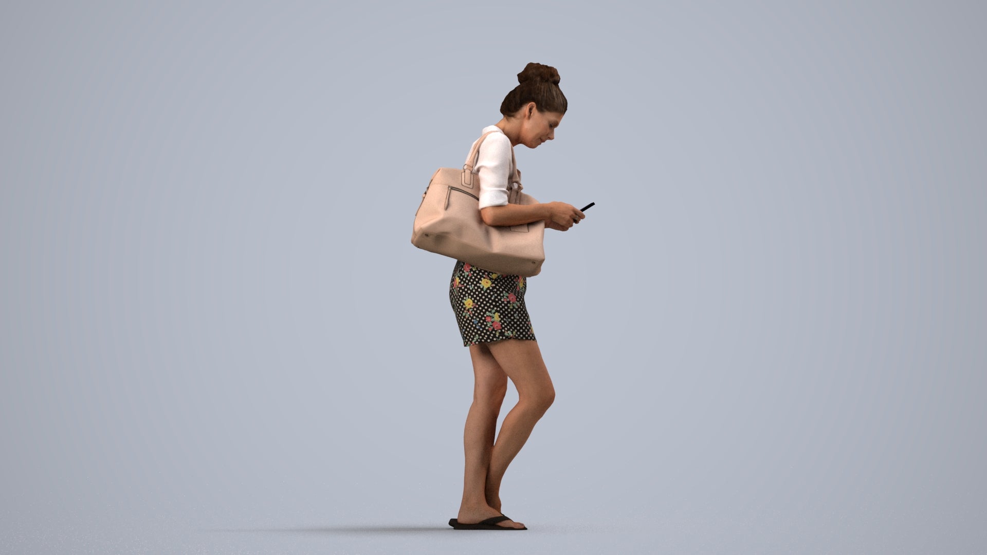3D scanned woman standing casual, photorealistic archviz people for Enscape and SketchUp, side view render