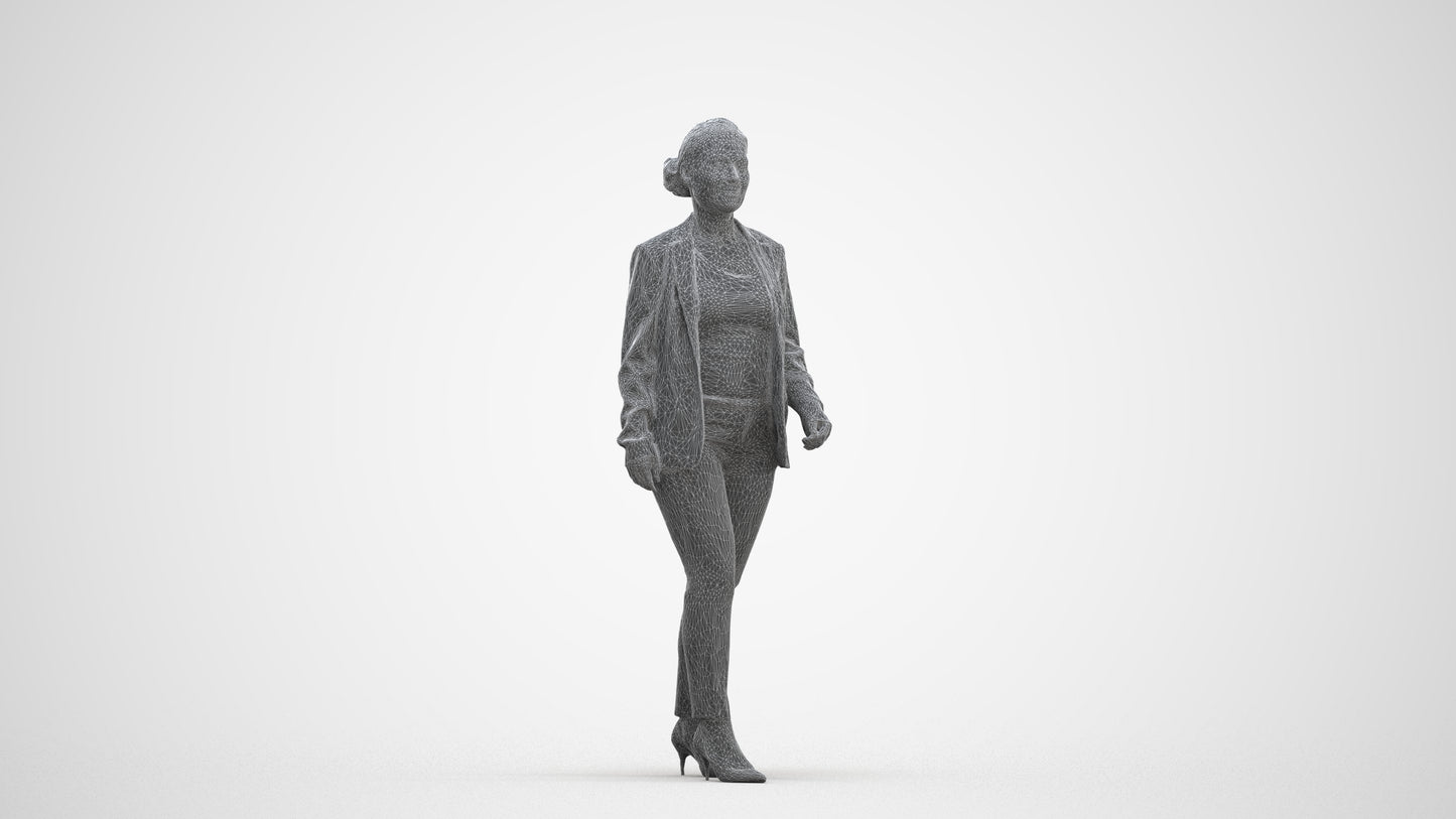 3D human model woman business walking, photogrammetry scanned person for archviz, three-quarter front view render