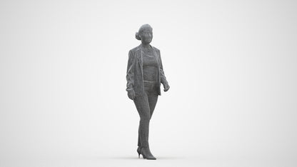 3D human model woman business walking, photogrammetry scanned person for archviz, three-quarter front view render