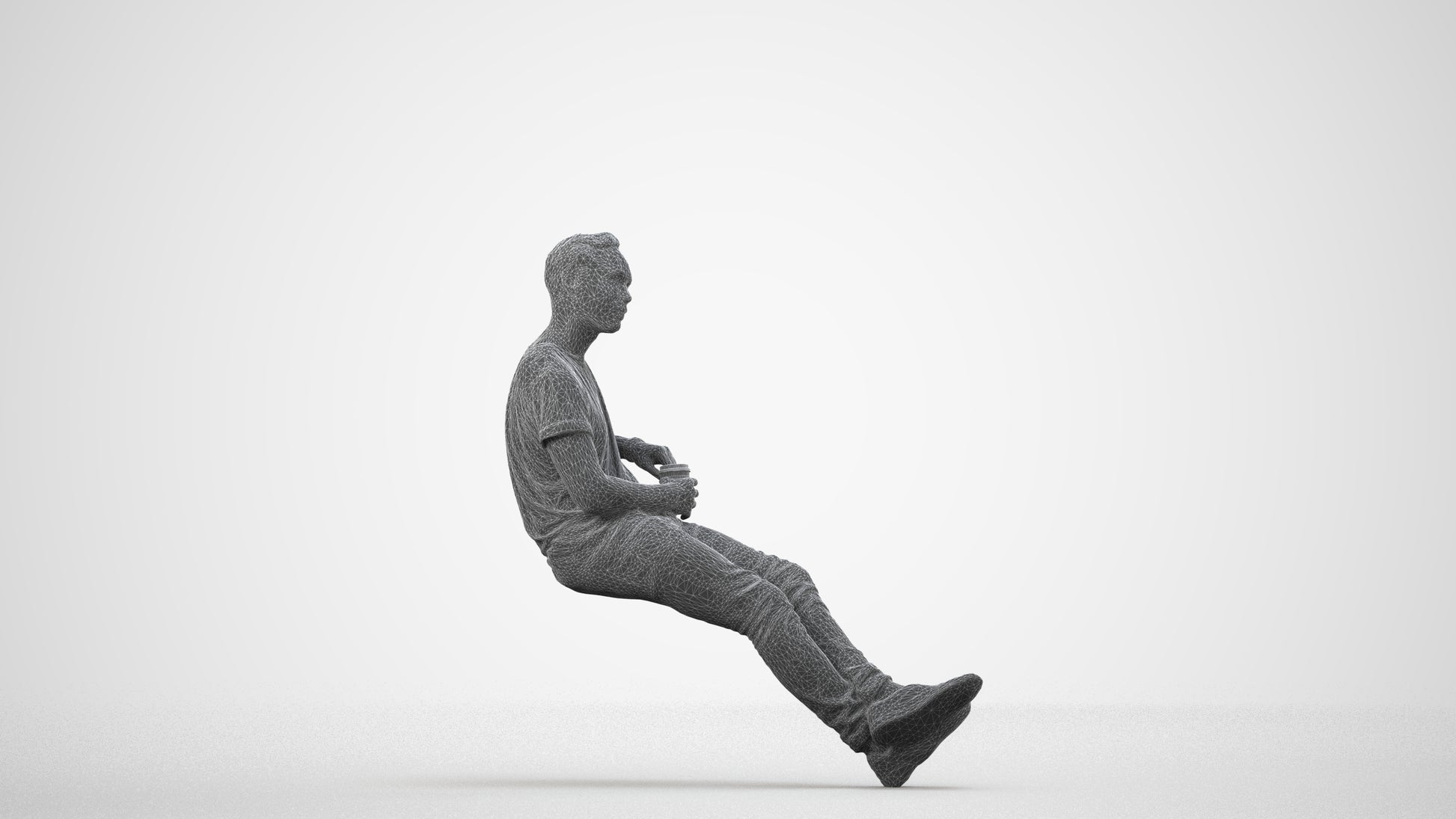 3D people model man casual sitting, scanned human for 3ds Max rendering, wireframe side view