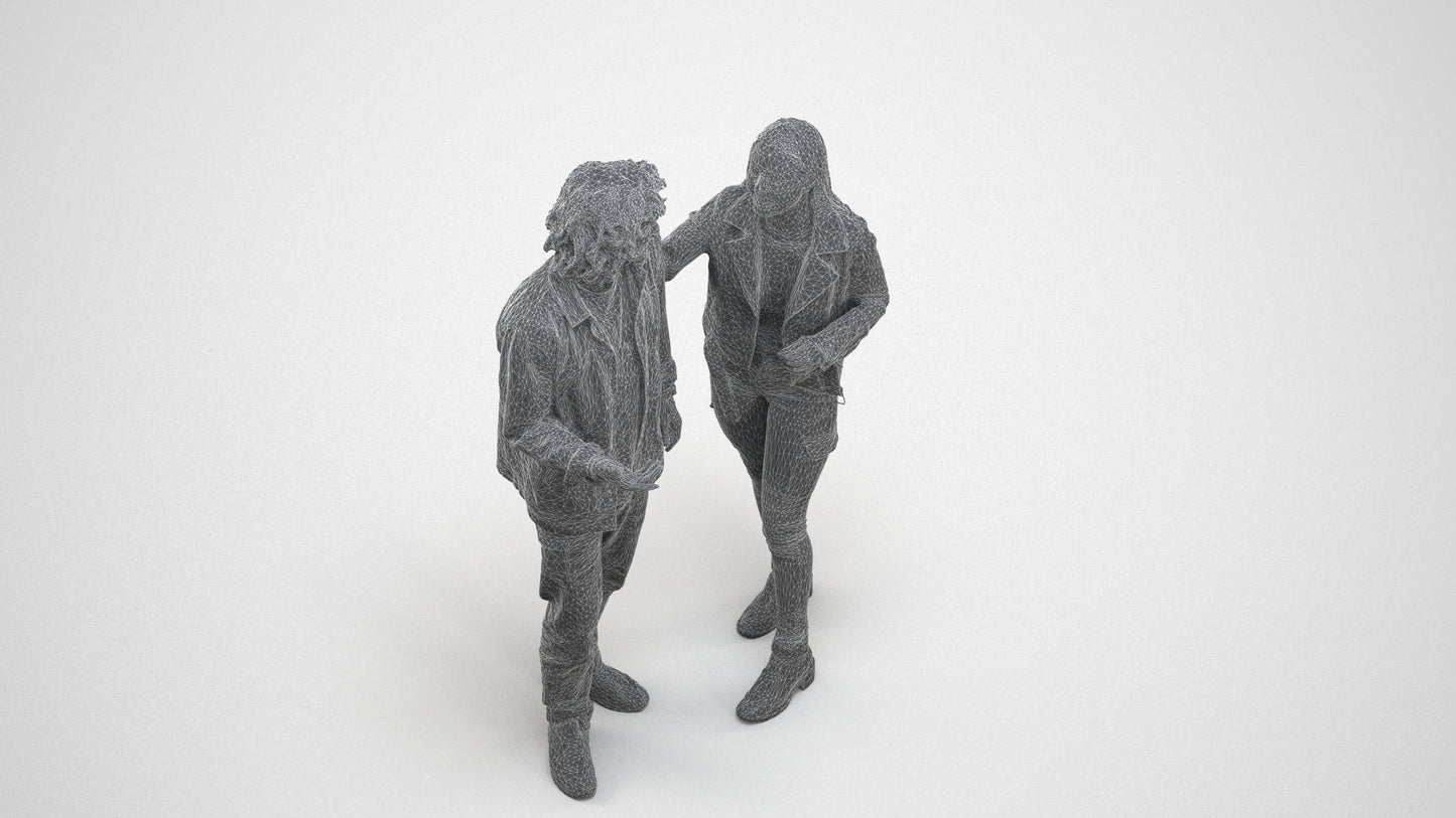 realistic 3D people woman casual couple, render-ready for V-Ray and Corona, FBX OBJ, wireframe three-quarter view