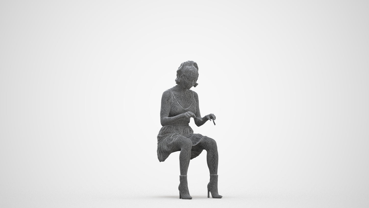 3D people model woman casual sitting, scanned human for 3ds Max rendering, three-quarter front view render