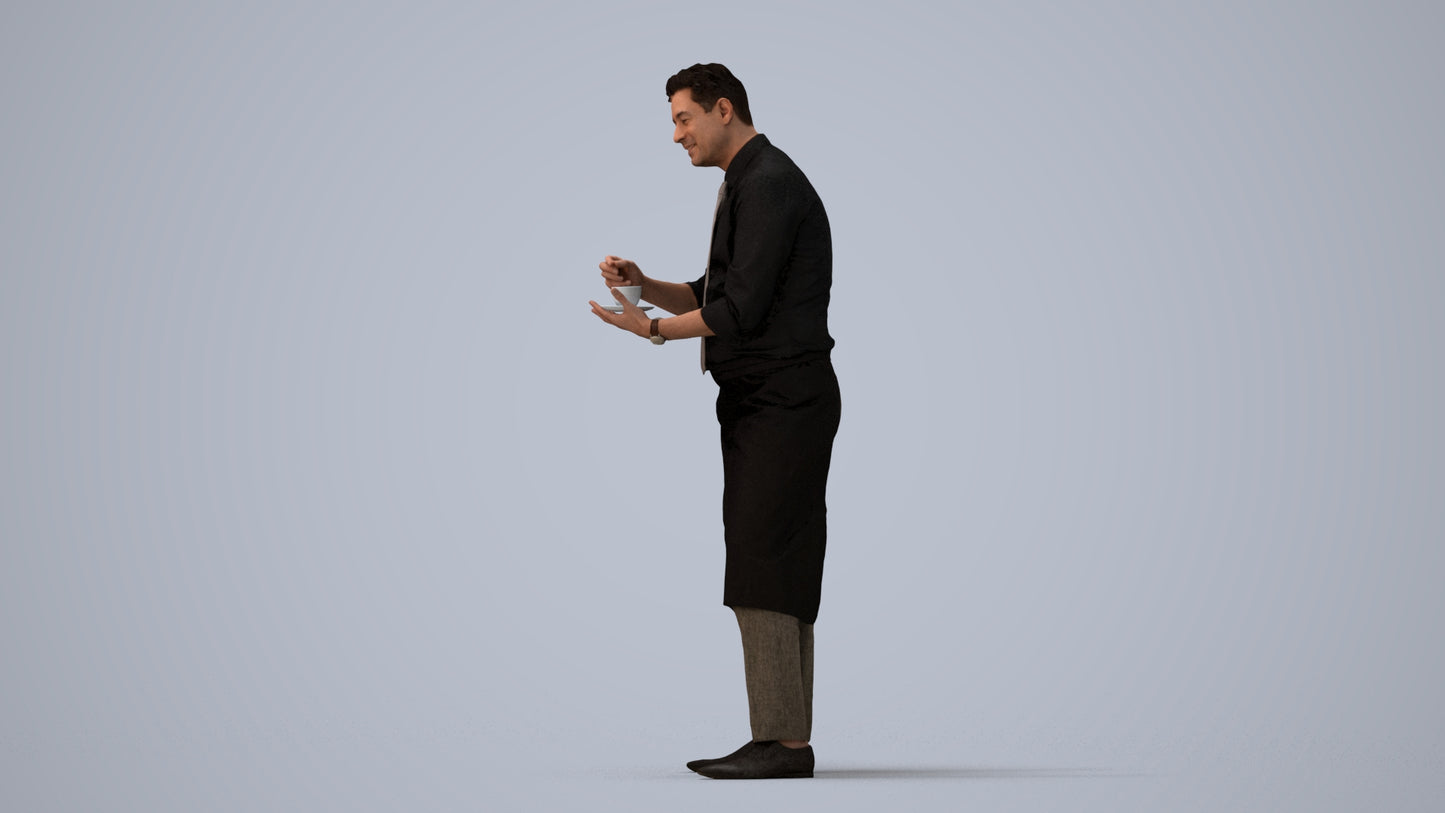 photogrammetry 3D man hospitality, realistic human model archviz FBX, three-quarter view render