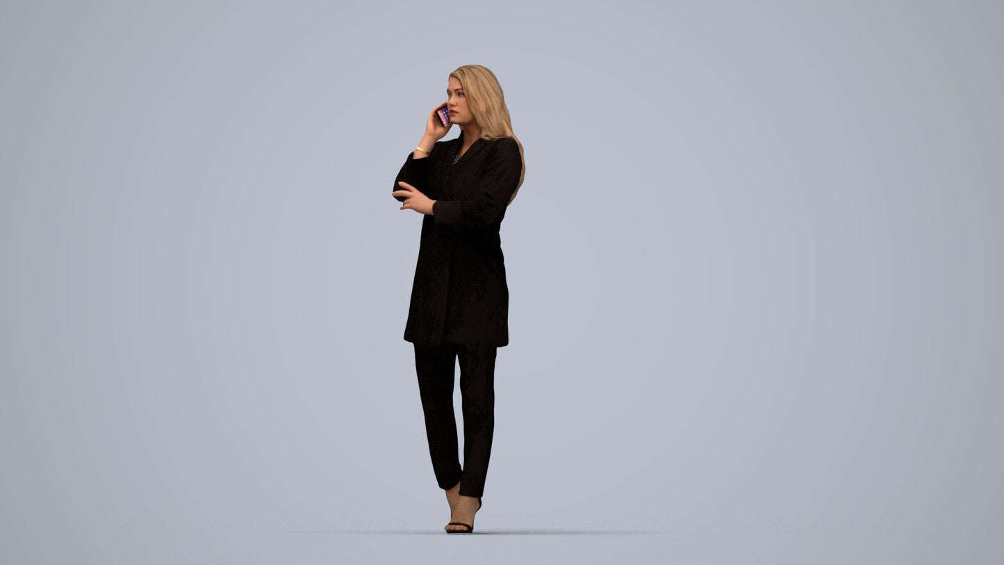 3D human model woman business walking, photogrammetry scanned person for archviz, top-down view render
