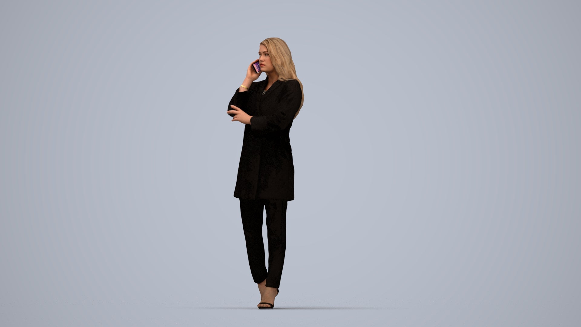 3D human model woman business walking, photogrammetry scanned person for archviz, top-down view render