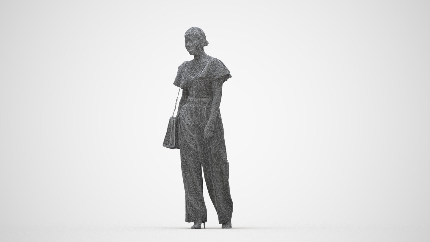 3D scanned woman walking business, photorealistic archviz people for Enscape and SketchUp, wireframe back view