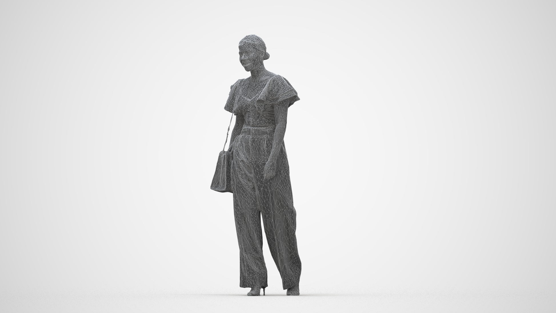 3D scanned woman walking business, photorealistic archviz people for Enscape and SketchUp, wireframe back view