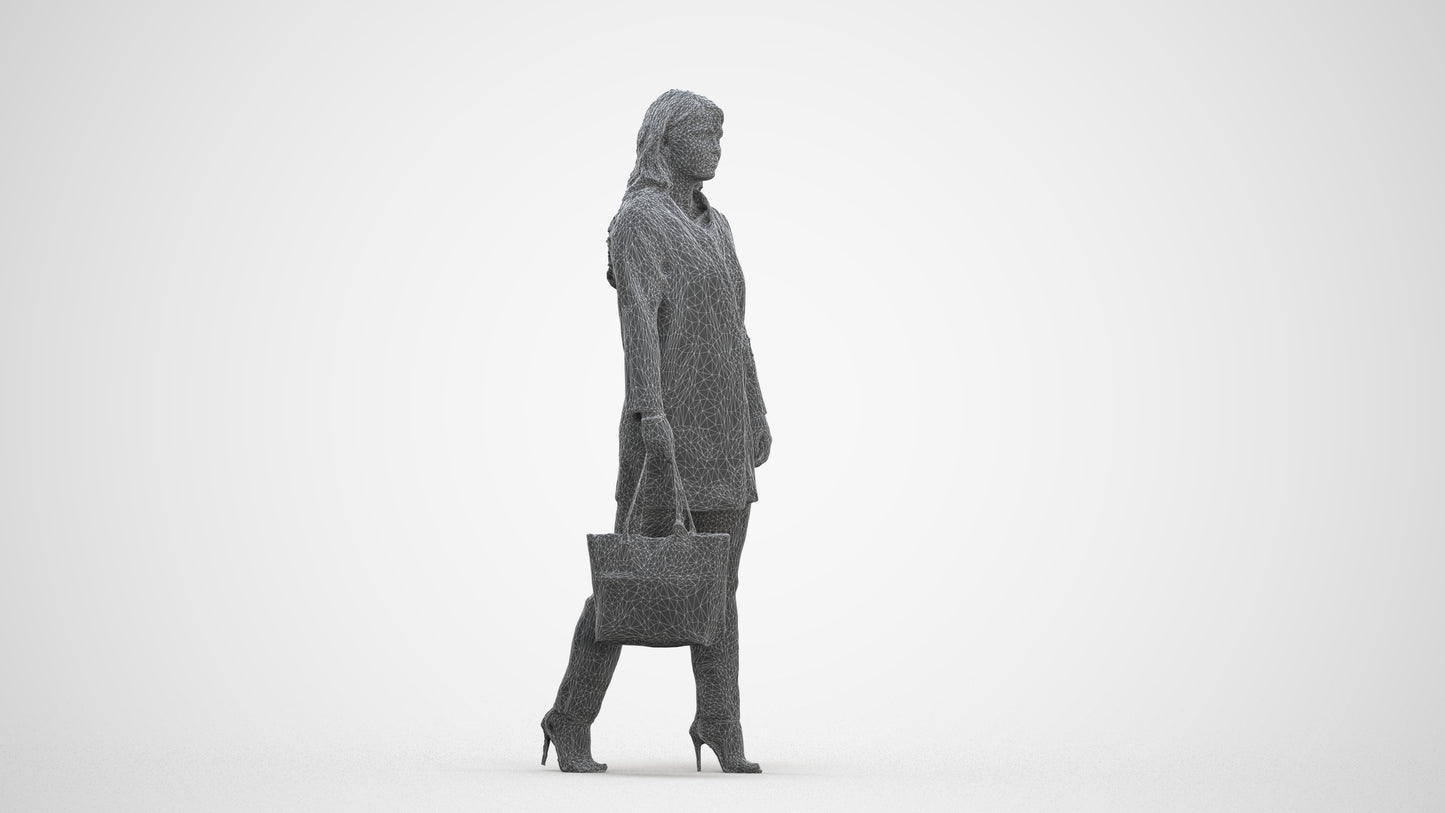 realistic 3D woman casual walking, scanned archviz people for Blender and 3ds Max, three-quarter front view render