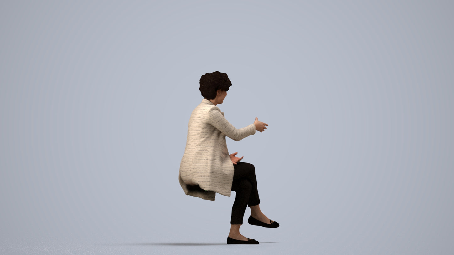photogrammetry 3D woman business sitting, realistic human model archviz FBX, side view render