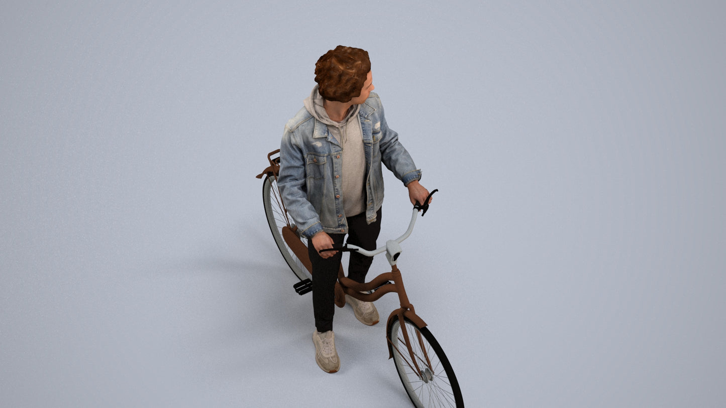 3D human model man casual cycling, photogrammetry scanned person for archviz, back view render