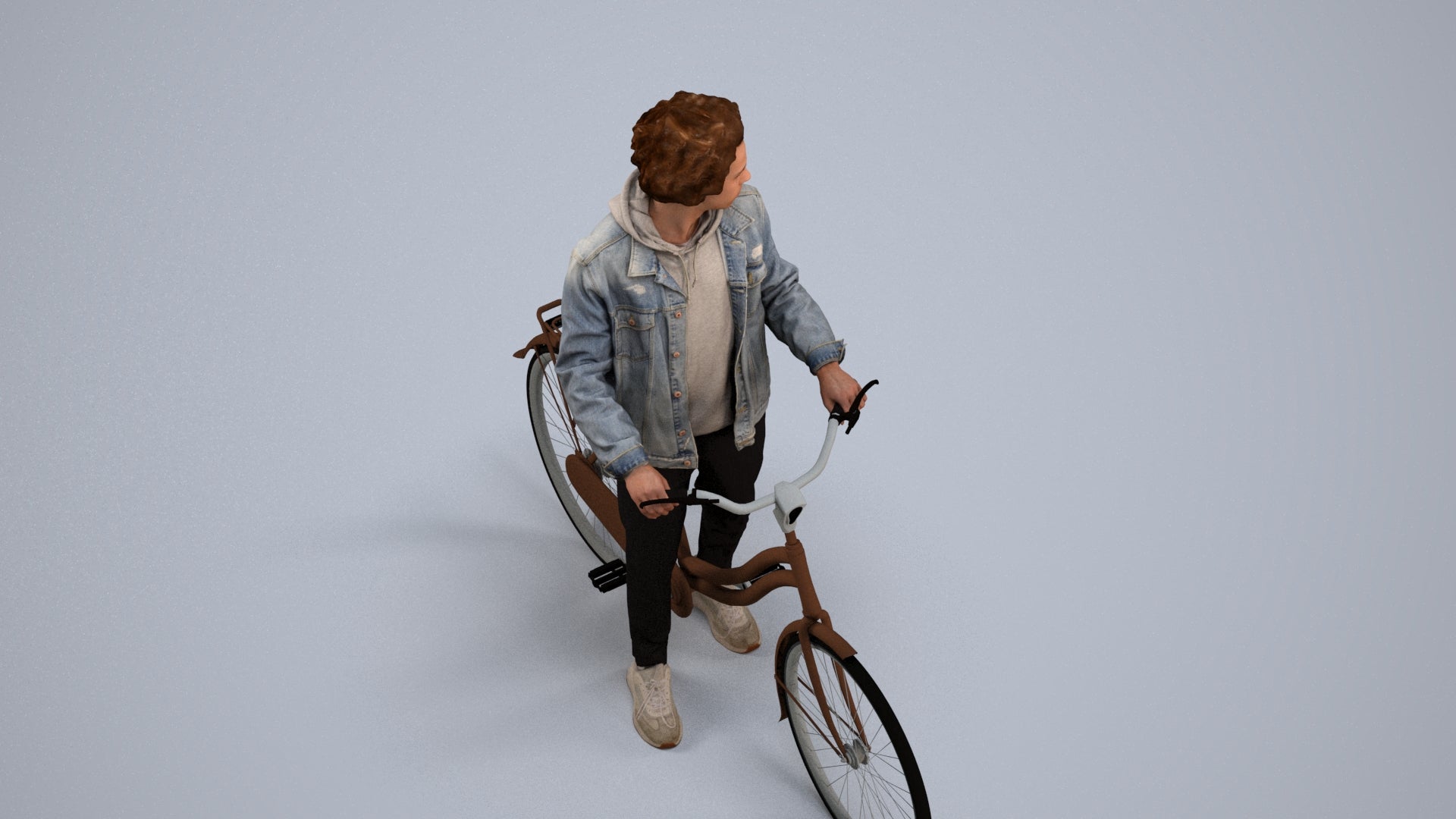 3D human model man casual cycling, photogrammetry scanned person for archviz, back view render