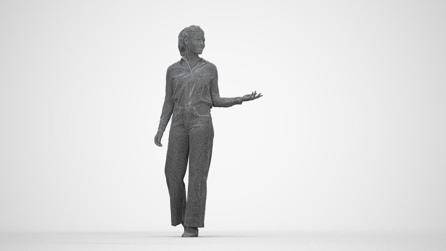 3D scanned woman walking casual, photorealistic archviz people for Enscape and SketchUp, wireframe back view