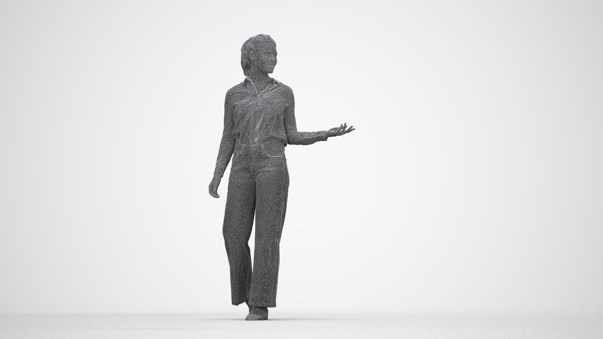 3D scanned woman walking casual, photorealistic archviz people for Enscape and SketchUp, wireframe back view