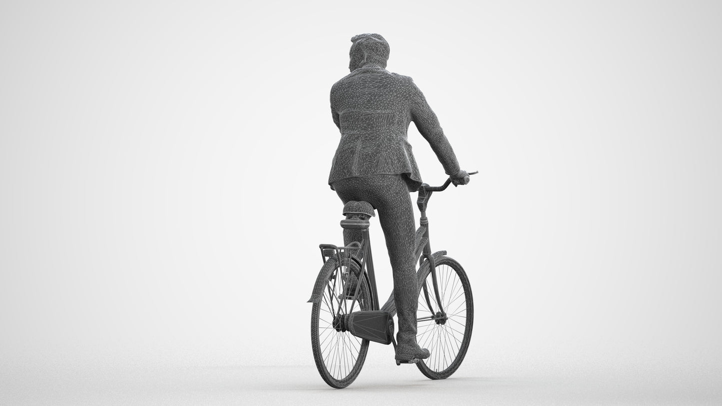 3D human model man business cycling, photogrammetry scanned person for archviz, wireframe front view