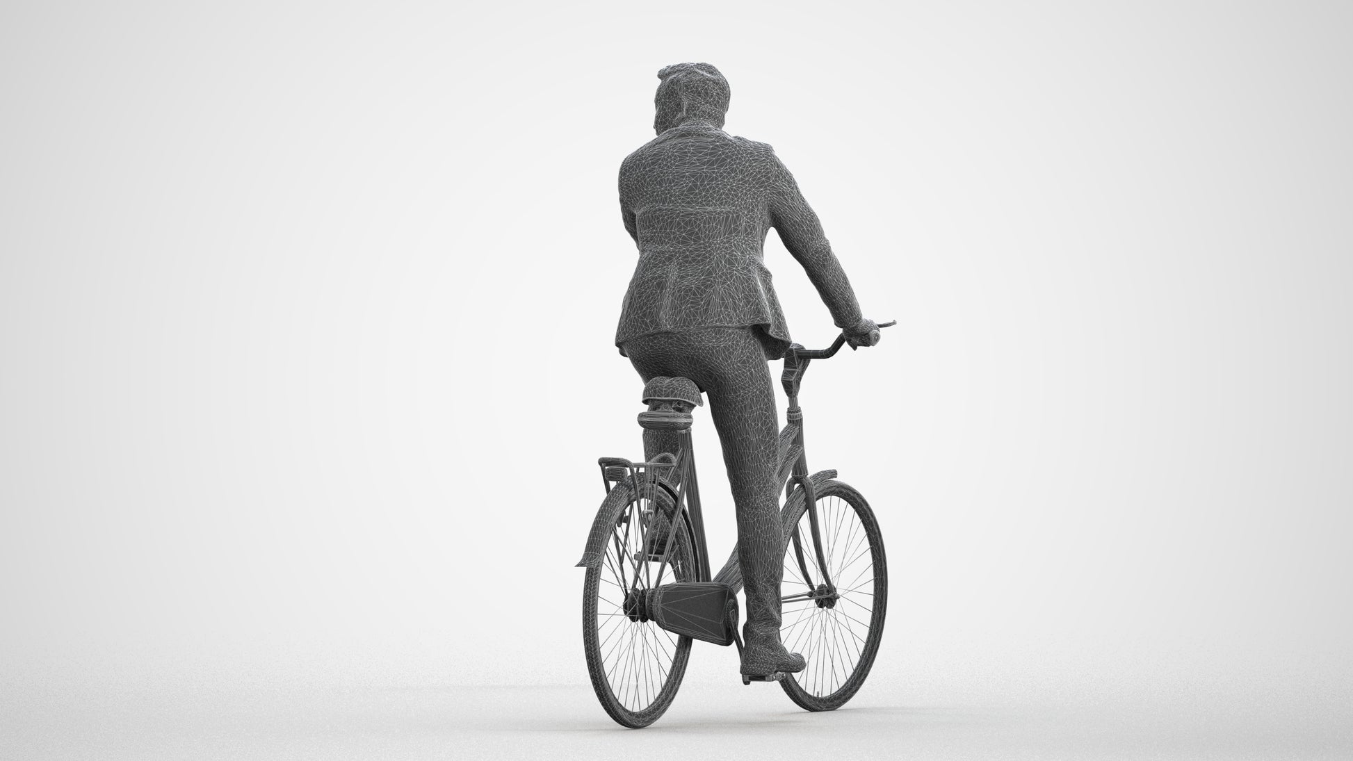 3D human model man business cycling, photogrammetry scanned person for archviz, wireframe front view
