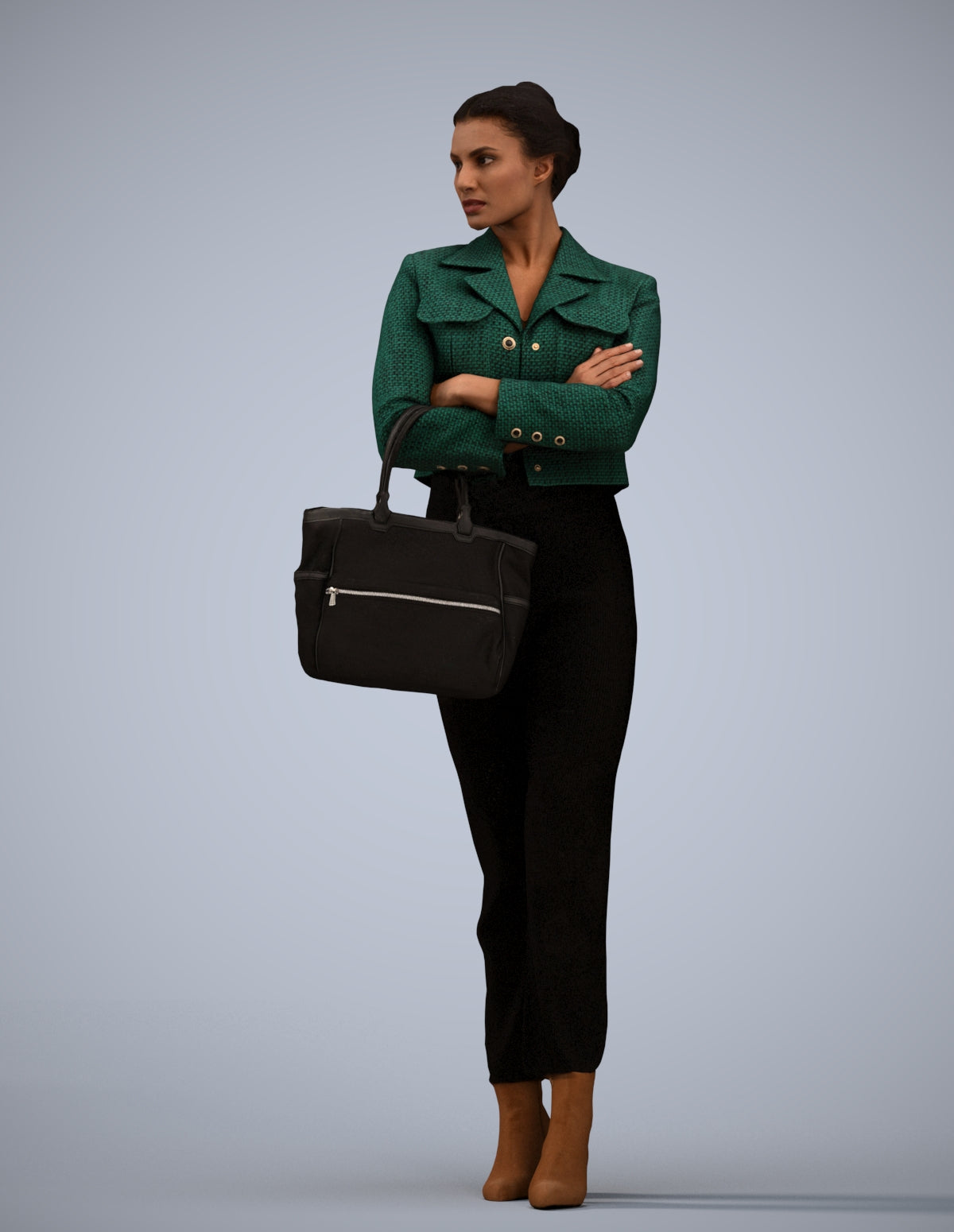 3D human model woman business standing, photogrammetry scanned person for archviz