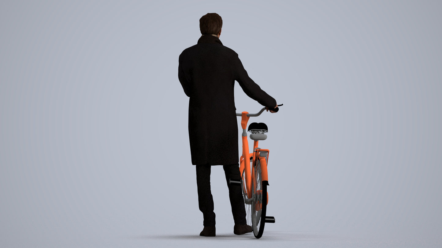 photogrammetry 3D man cycling, realistic human model archviz FBX, front view render