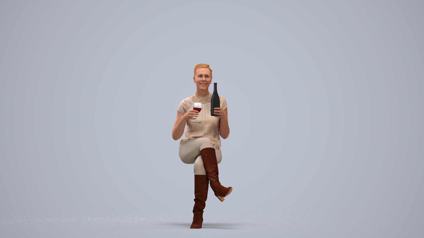 3D human model woman casual sitting, photogrammetry scanned person for archviz, standing pose render