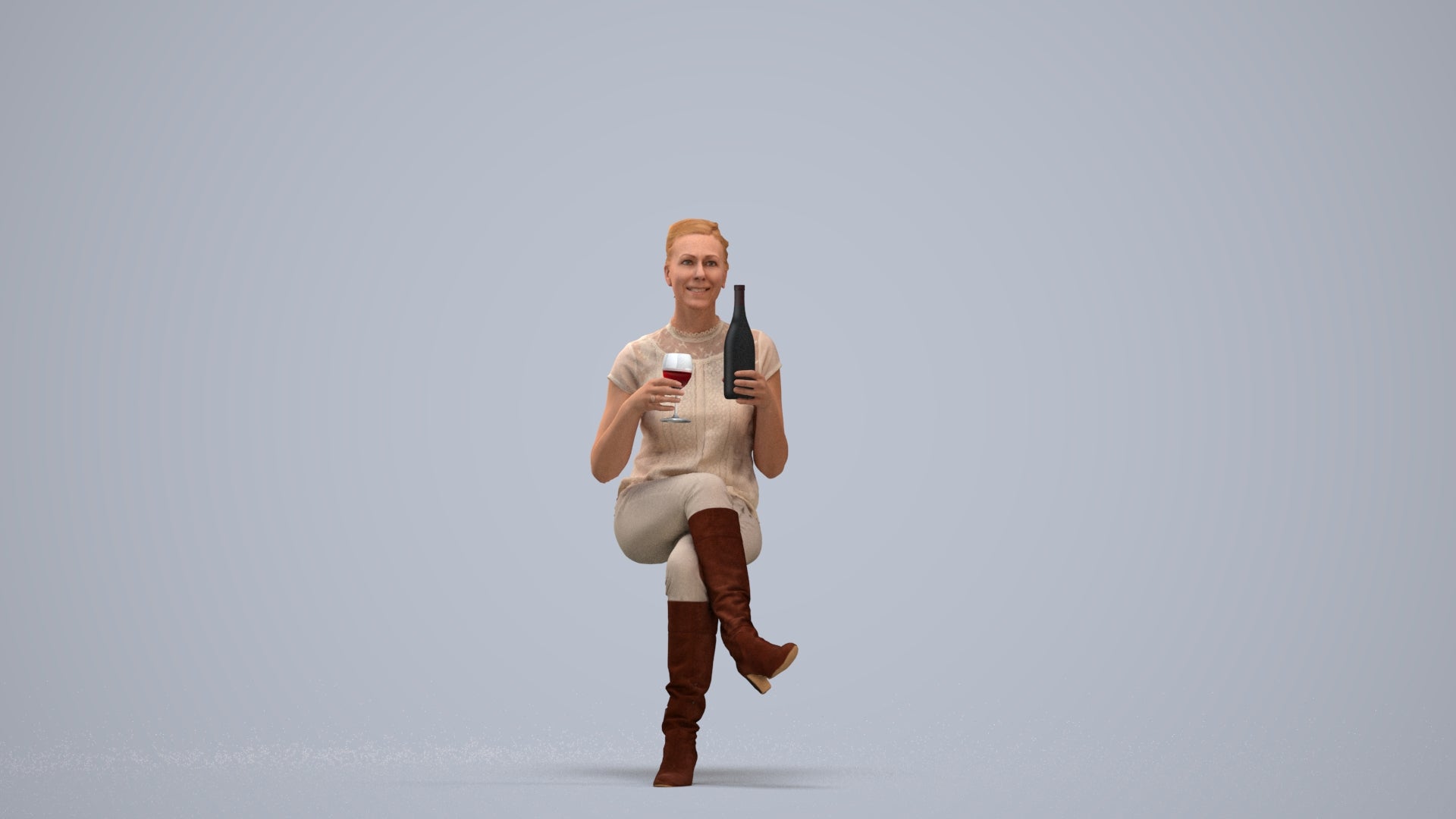 3D human model woman casual sitting, photogrammetry scanned person for archviz, standing pose render