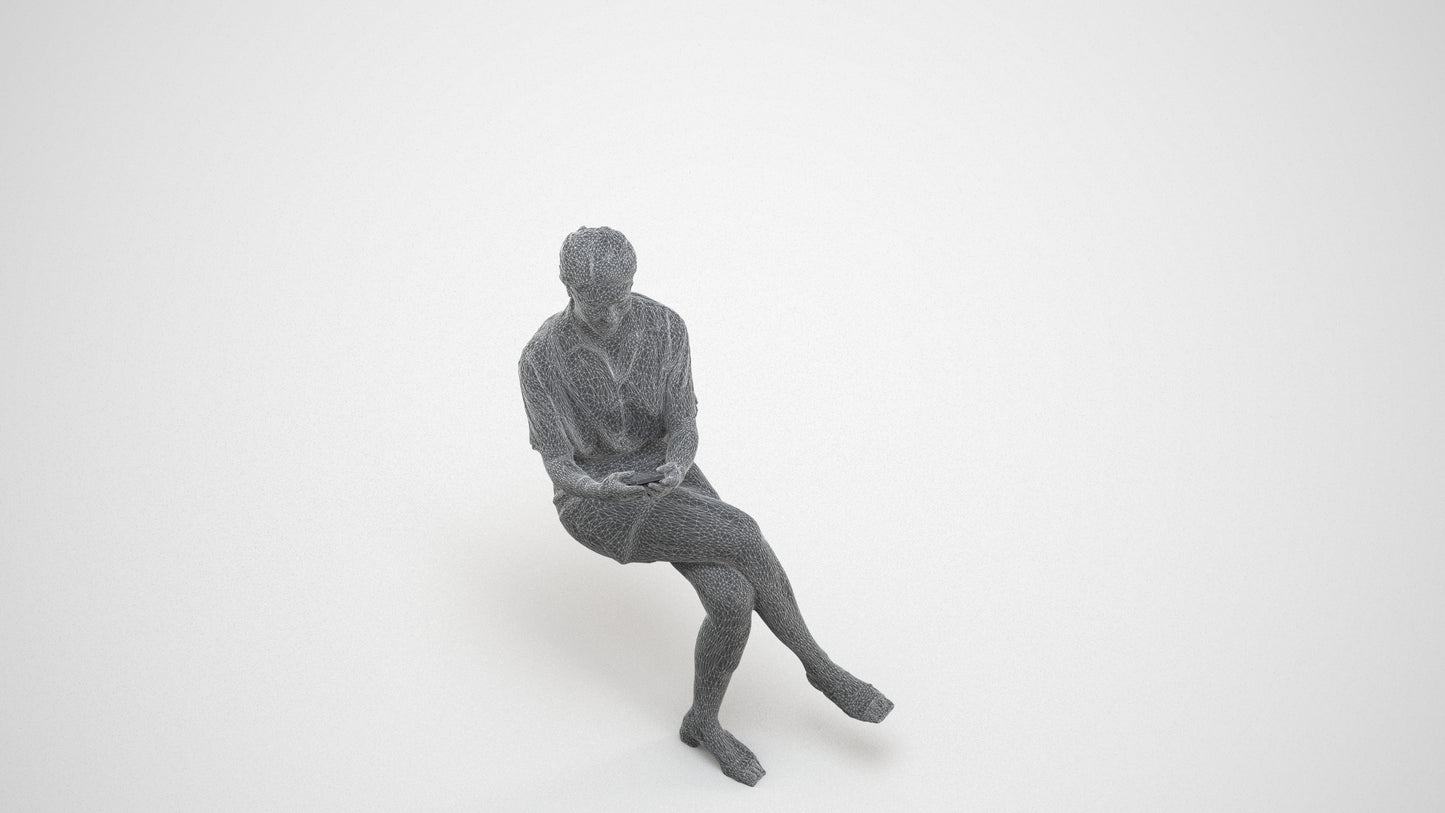 3D scanned woman sitting casual, photorealistic archviz people for Enscape and SketchUp, wireframe three-quarter view