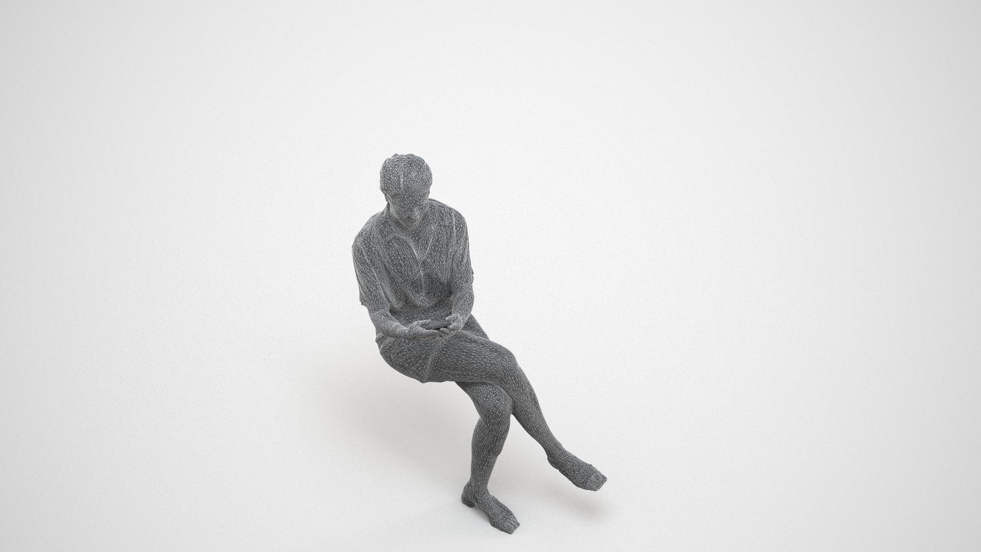 3D scanned woman sitting casual, photorealistic archviz people for Enscape and SketchUp, wireframe three-quarter view