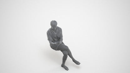 3D scanned woman sitting casual, photorealistic archviz people for Enscape and SketchUp, wireframe three-quarter view
