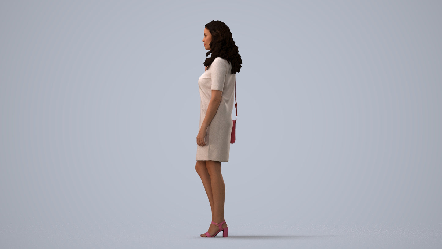 realistic 3D woman business standing, scanned archviz people for Blender and 3ds Max, three-quarter view render